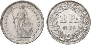 Svizzera 2 Franchi 1874-1969 o monete ... 